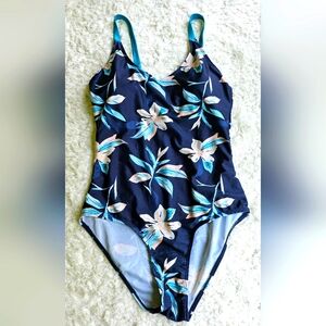 Bobbi Brooks Floral One Piece Swimsuit With Removable Bra Support Pads, Blue, XL